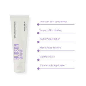 Hudson Scar Gel tube, improves scar appearance, supports skin healing, fades pigmentation, non greasy texture, gentle on skin and comfortable application