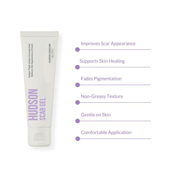 Hudson Scar Gel tube, improves scar appearance, supports skin healing, fades pigmentation, non greasy texture, gentle on skin and comfortable application