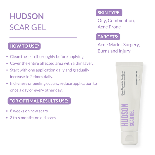 Hudson Scar Gel packaging with usage instructions on a white background